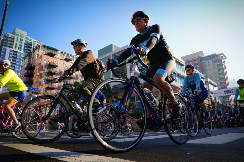 San Diego, CA - March 18: At downtown on Saturday, March 18, 2023 in San Diego, CA., cyclist take off on the 9am start for the 25-mile bike ride for Padres Pedal the Cause. The event raises money for local cancer research done here in San Diego. (Nelvin C. Cepeda / The San Diego Union-Tribune)