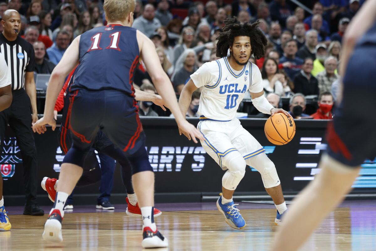 UCLA guard Tyger Campbell controls the ball during the Bruins' win over St. Mary's.