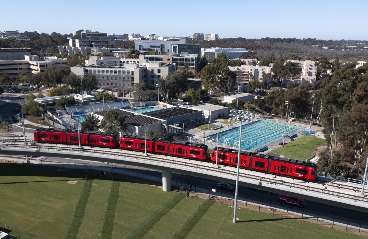 The new trolley line runs through UC San Diego on its opening day Nov. 21.