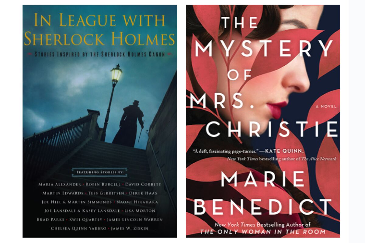 Book jackets for “In League With Sherlock Holmes” by Laurie R. King and “The Mystery of Mrs. Christie” by Marie Benedict