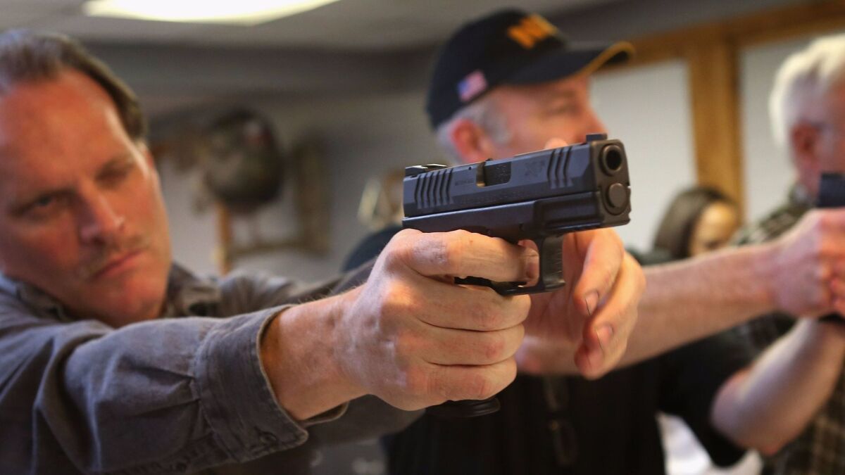 Students learn how to fire a pistol during an NRA Basic Pistol Course on "Gun Appreciation Day" in Tinley Park, Illinois on January 19, 2012.