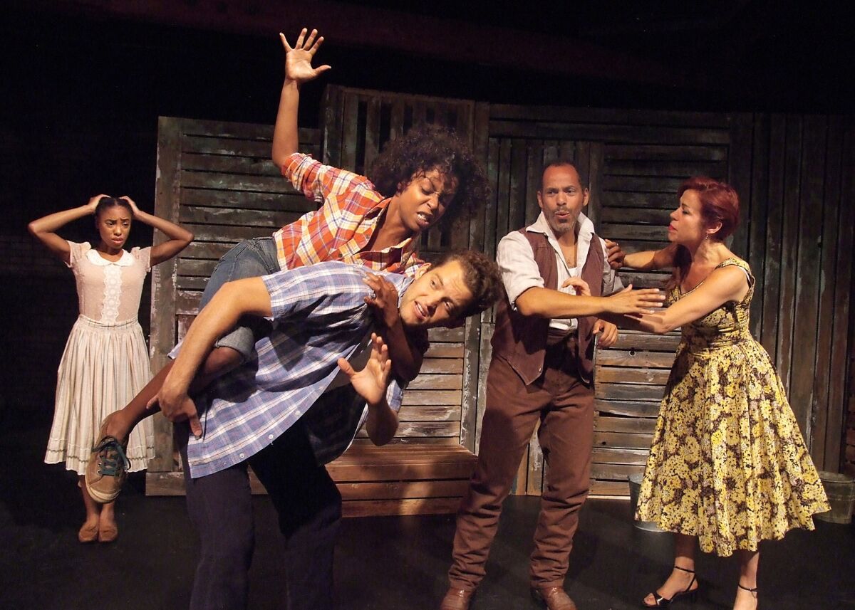 The cast of "Bulrusher," from left, Chauntae Pink, Bianca Lemaire, Patrick Cragin, Joshua Wolf Coleman and Heidi James at the Skylight Theatre, which worries about the effect of AB5.