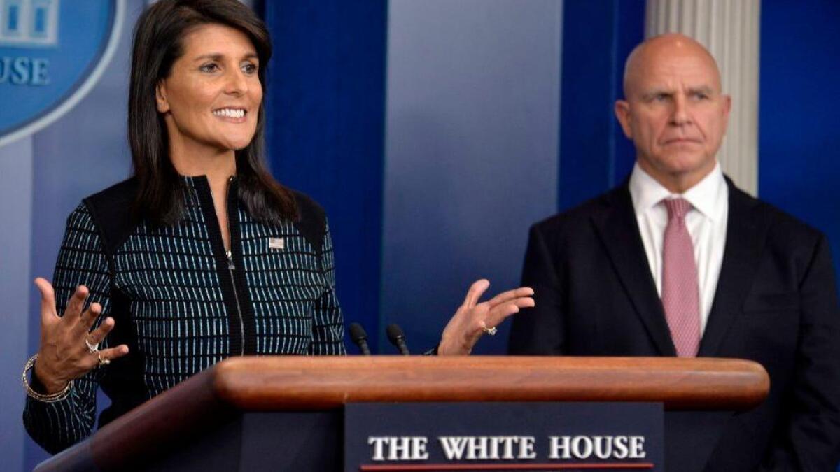 U.S. Ambassador to the U.N. Nikki Haley and White House national security advisor H.R. McMaster, right, brief reporters in Washington on Sept. 15, 2017, about U.S. participation in the upcoming sessio