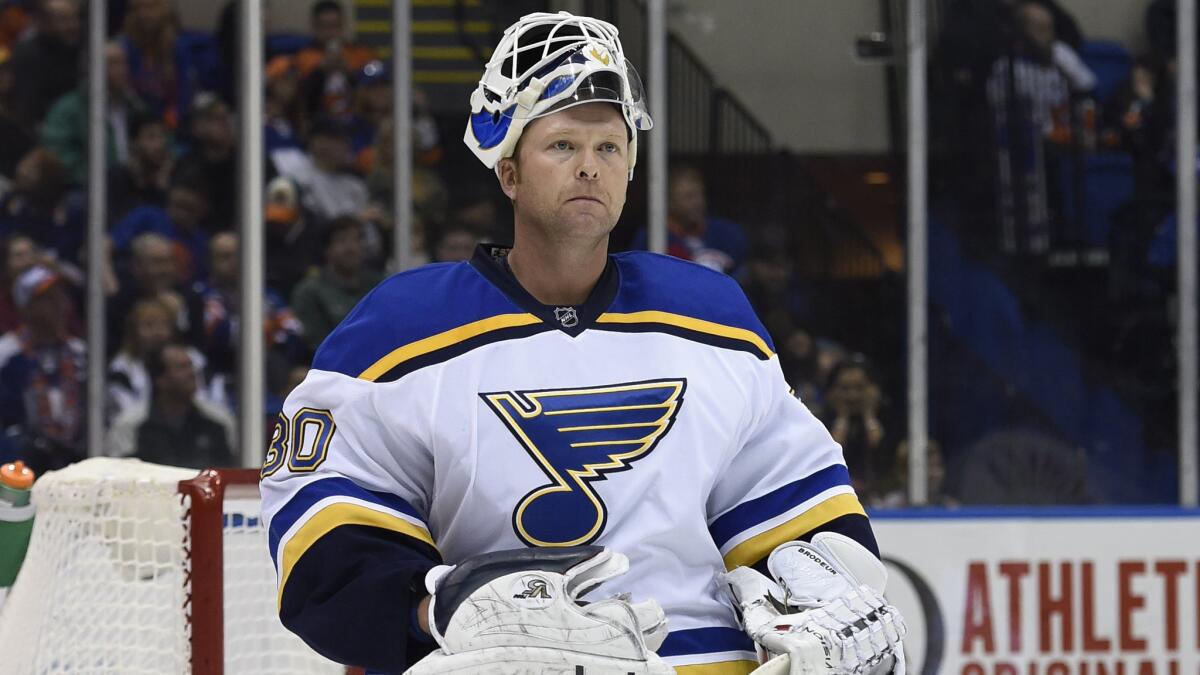 St. Louis Blues goalie Martin Brodeur looks on during a timeout against the New York Islanders on Dec. 6.