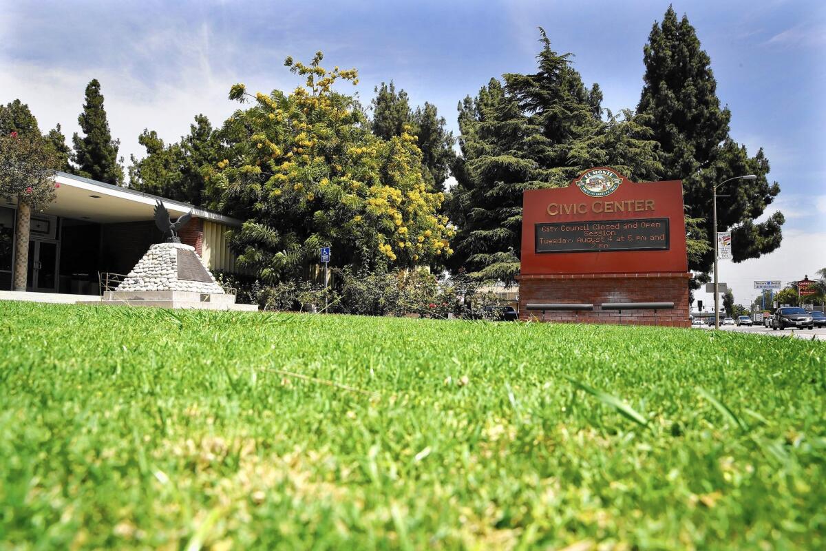 The lawn is green outside the Civic Center in El Monte, where the City water utility has fallen short of its conservation target.