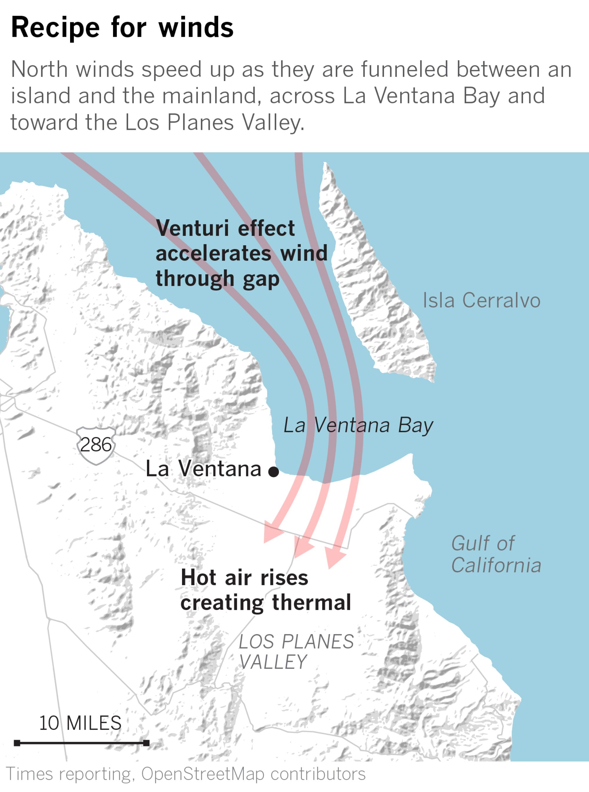 Map showing what causes the steady winds at La Ventana, Baja Mexico.