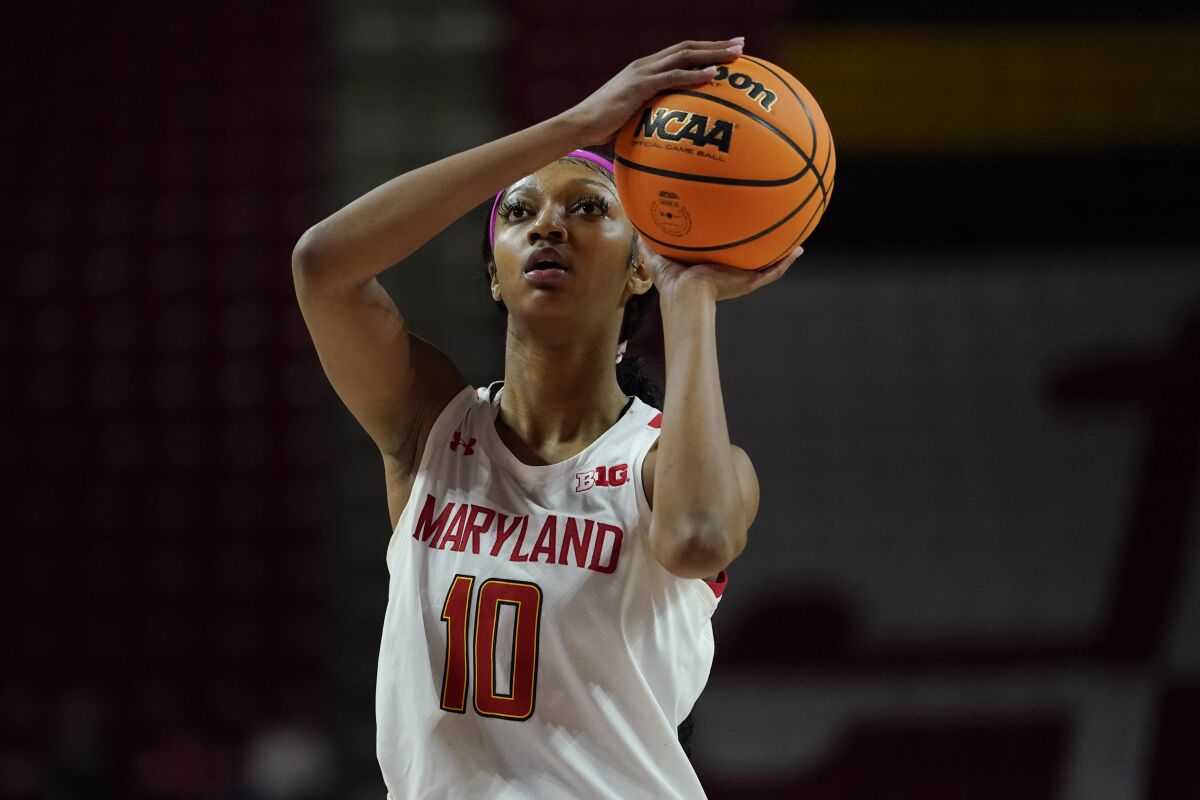 Maryland forward Angel Reese shoots a free throw against Wisconsin during the second half of an NCAA college basketball game, Wednesday, Feb. 9, 2022, in College Park, Md. Maryland won 70-43. (AP Photo/Julio Cortez)
