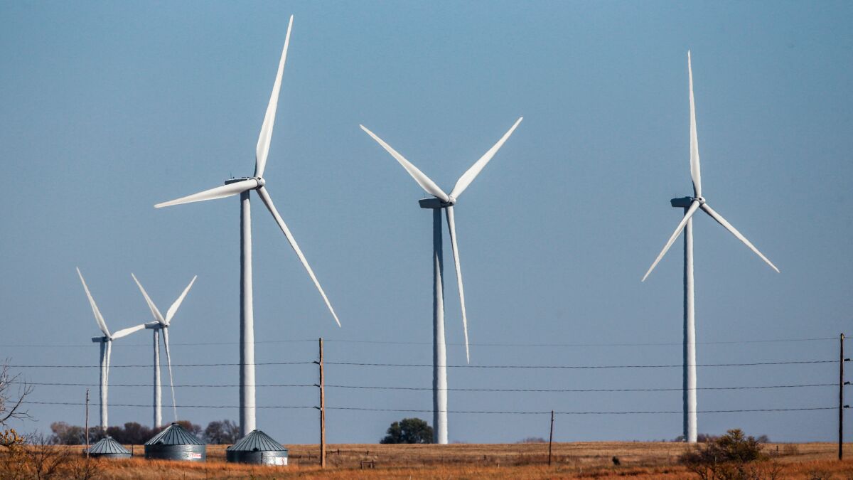 Wind turbines dot the landscape near Steele City, Neb.