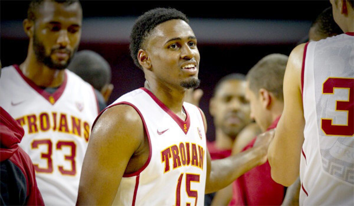 USC guard Brendyn Taylor stands in a team huddle during a Trojans scrimmage at Galen Center on Oct. 27.