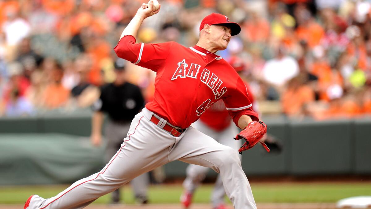 Angels starter Garrett Richards went 7 2/3 innings, giving up two runs on five hits and two walks, against the Orioles on Sunday afternoon in Baltimore.