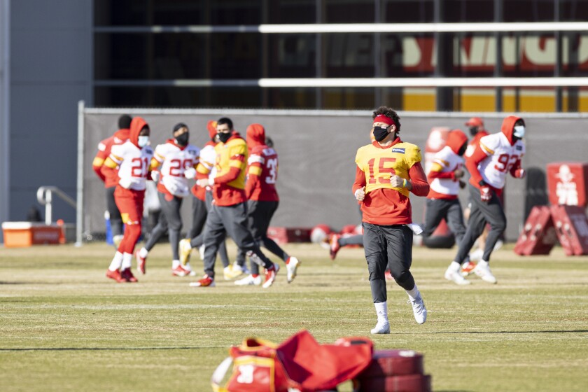 Kansas City Chiefs Quarterback Patrick Mahomes (15) between drills during NFL football practice Wednesday February 2, 2021 in Kansas City, Mo. The Chiefs will face the Tampa Bay Buccaneers in Super Bowl 55. (Steve Sanders/Kansas City Chiefs via AP)