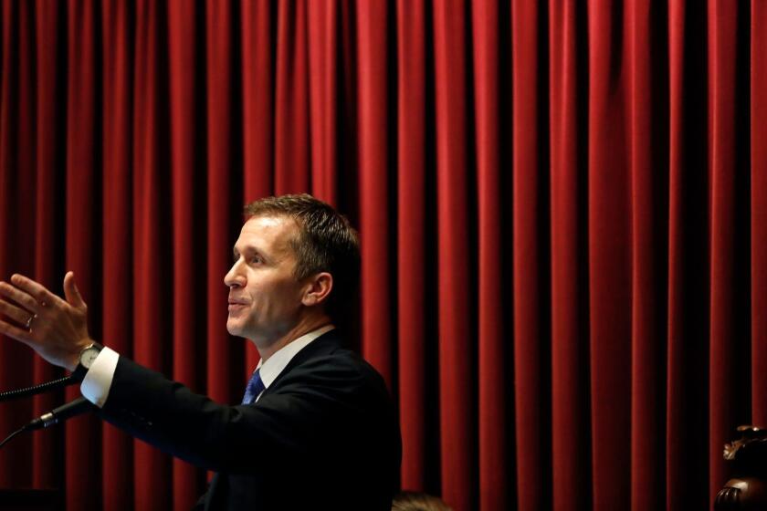 In this Jan. 10, 2018, photo, Missouri Gov. Eric Greitens delivers the annual State of the State address to a joint session of the House and Senate in Jefferson City, Mo. Facing mounting calls to resign following sexual misconduct allegations, Missouri Gov. Eric Greitens appears to be taking a cue from President Donald Trump as he fights for his political survival amid a #MeToo movement that has felled dozens of other prominent politicians and public figures. (AP Photo/Jeff Roberson)
