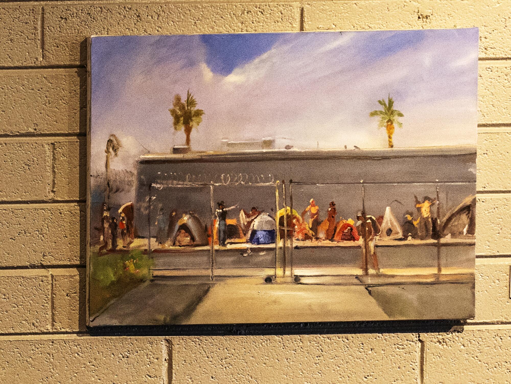 One of Joel Coplin's paintings is a real-life scene of a homeless camp outside his gallery and 
