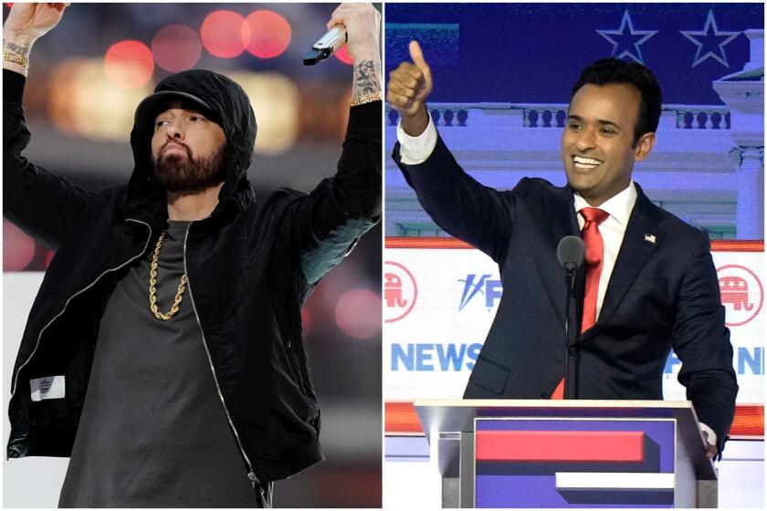 Split: left, Eminem wears a grey shirt and black hood as he performs onstage; right, Vivek Ramaswamy wears black suit 