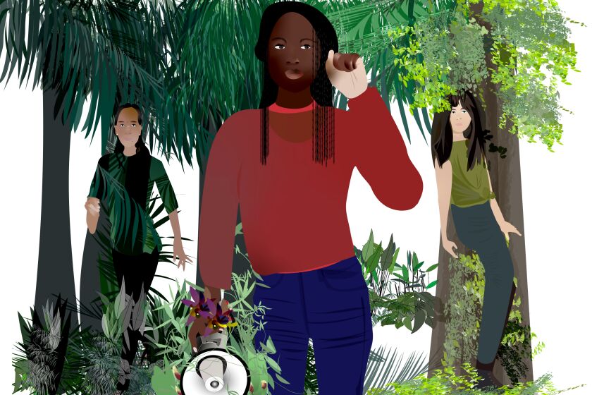 Illustration of three environmental activists surrounded by foliage and greenery.