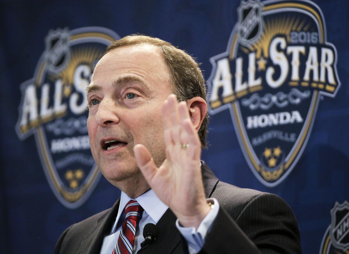 NHL Commissioner Gary Bettman speaks at a news conference before the NHL All-Star hockey game skills competition on Jan. 30.