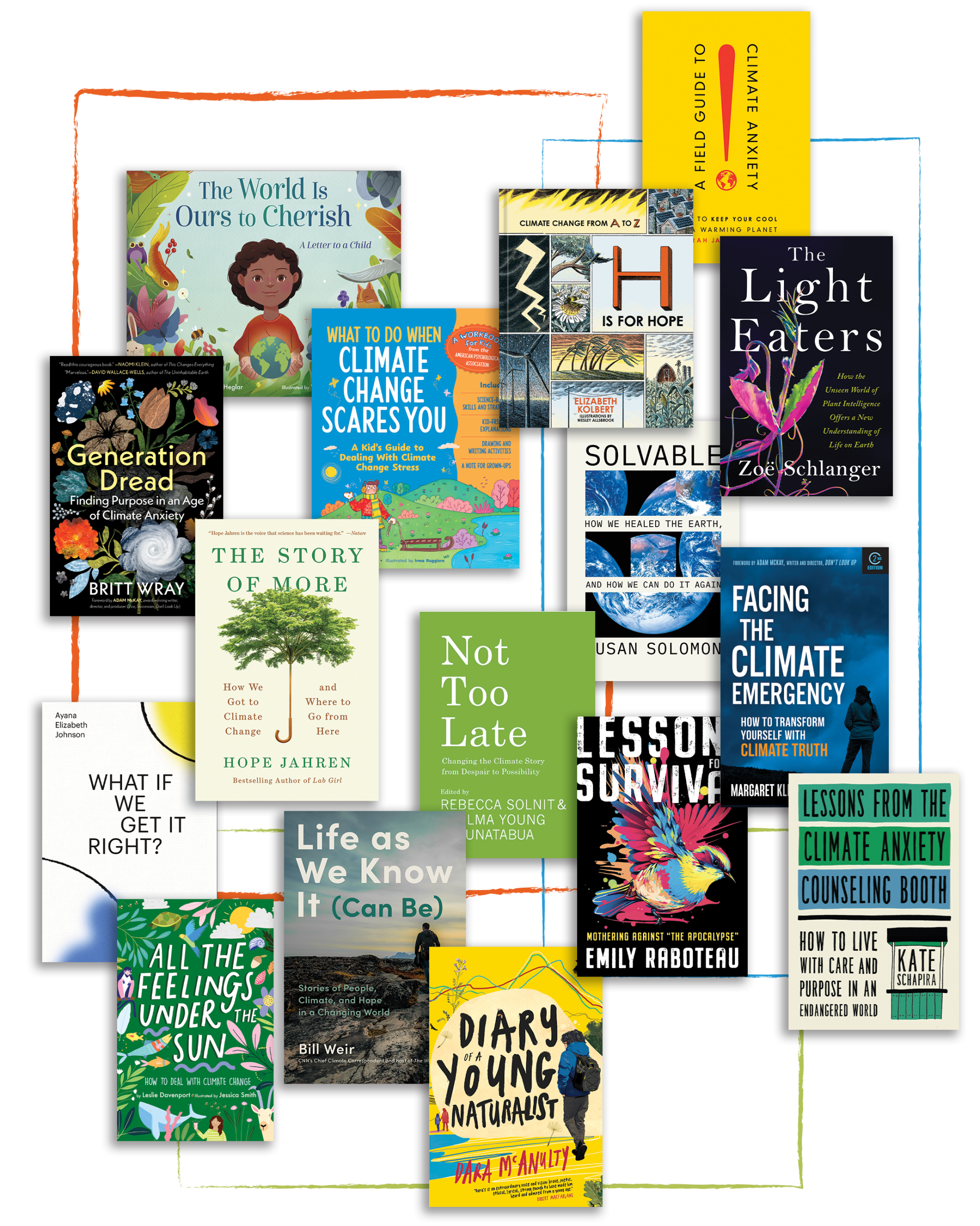 Collage of books surrounding the topic of climate change anxiety.