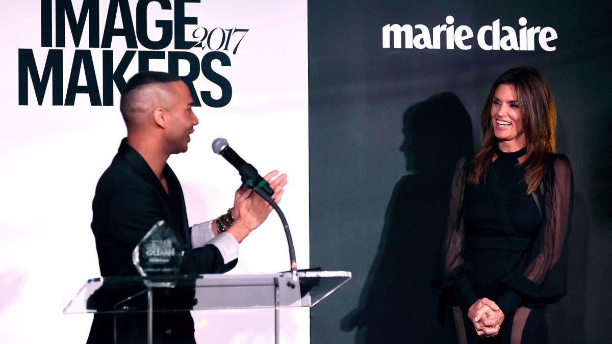 Icon Award recipient Olivier Rousteing and presenter Cindy Crawford at the second annual Marie Claire Image Maker Awards at Catch LA in West Hollywood on Jan. 10.