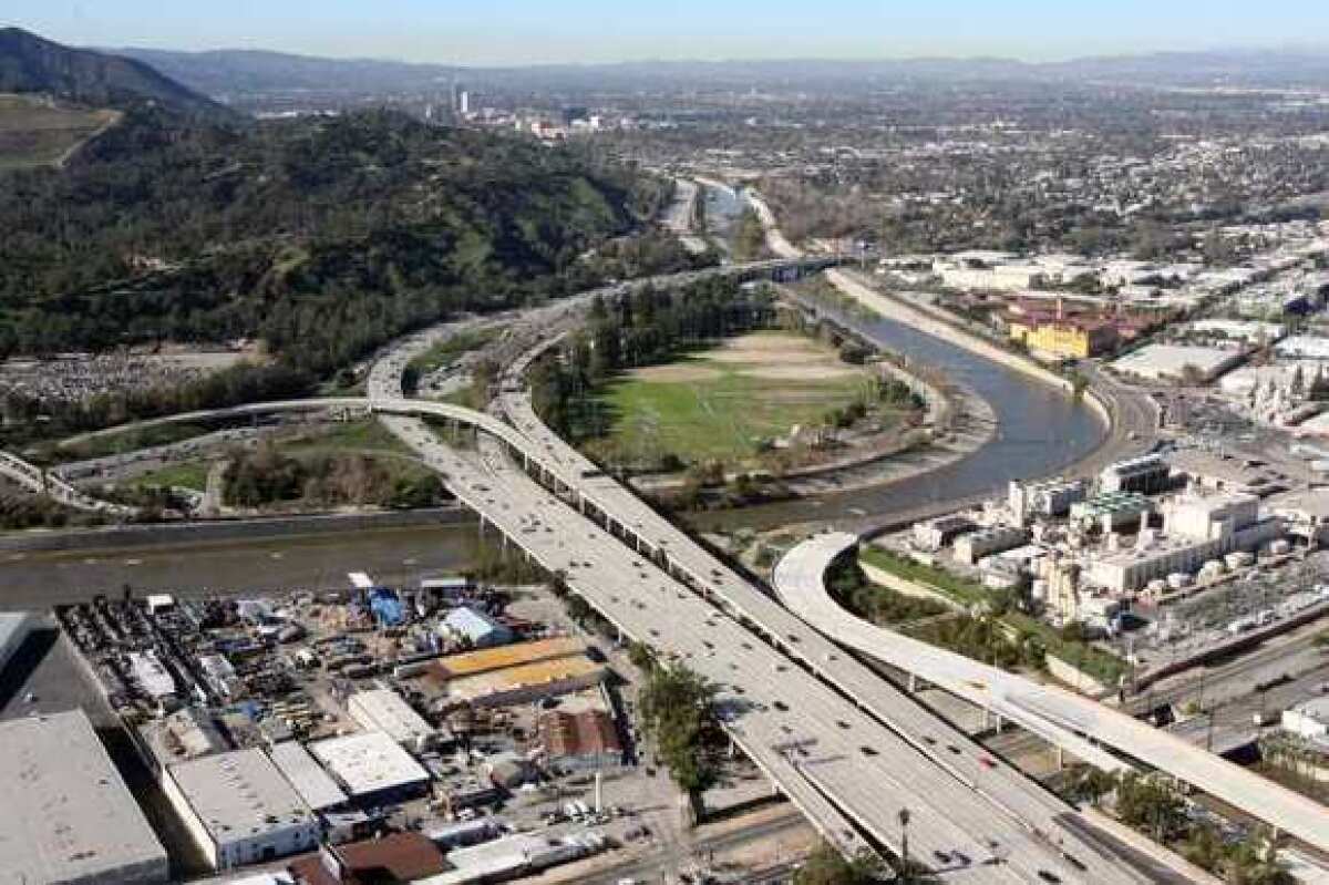 Aerial view looking west over Glendale toward Los Angeles and Burbank at the intersection of 134 Freeway and Interstate 5.