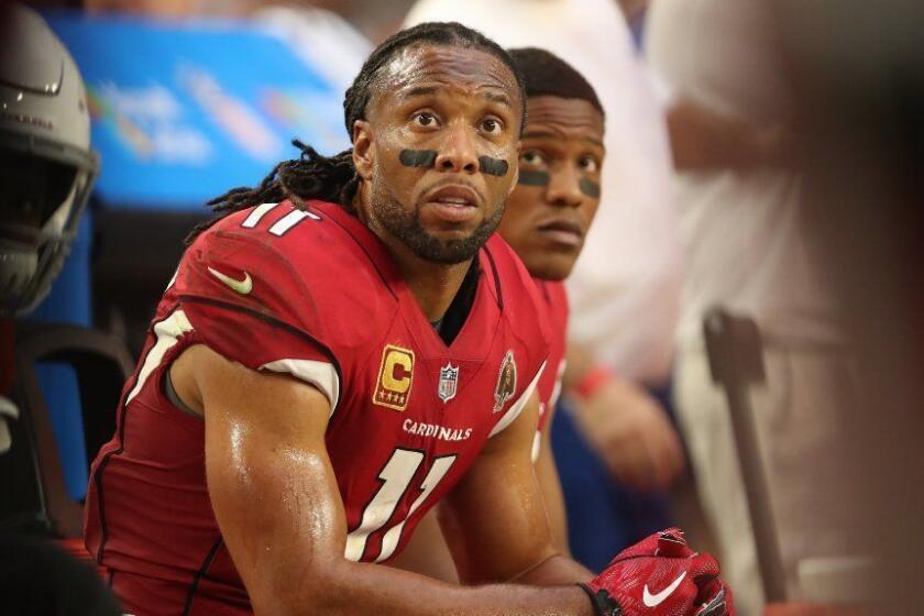 GLENDALE, ARIZONA - DECEMBER 23: Larry Fitzgerald #11 of the Arizona Cardinals looks on from the bench in the NFL game against the Los Angeles Rams at State Farm Stadium on December 23, 2018 in Glendale, Arizona. The Los Angeles Rams won 31-9. (Photo by Christian Petersen/Getty Images) ** OUTS - ELSENT, FPG, CM - OUTS * NM, PH, VA if sourced by CT, LA or MoD **