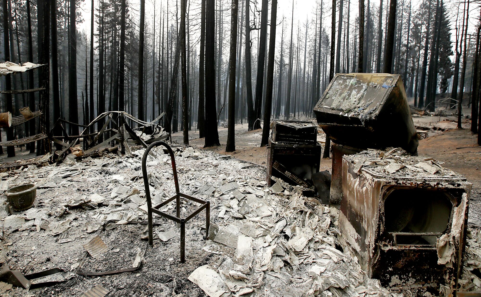 A chair frame in a burned home in the woods