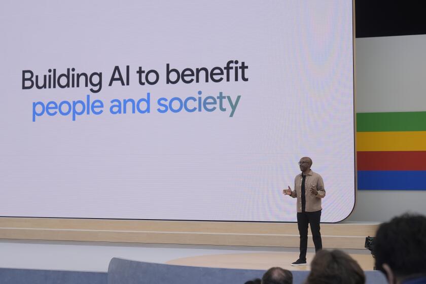 James Manyika speaks at a Google I/O event in Mountain View, Calif., Tuesday, May 14, 2024. (AP Photo/Jeff Chiu)