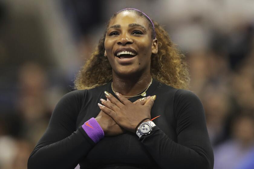 Serena Williams, of the United States, reacts after defeating Elina Svitolina, of Ukraine, during the semifinals of the U.S. Open tennis championships Thursday, Sept. 5, 2019, in New York. (AP Photo/Charles Krupa)