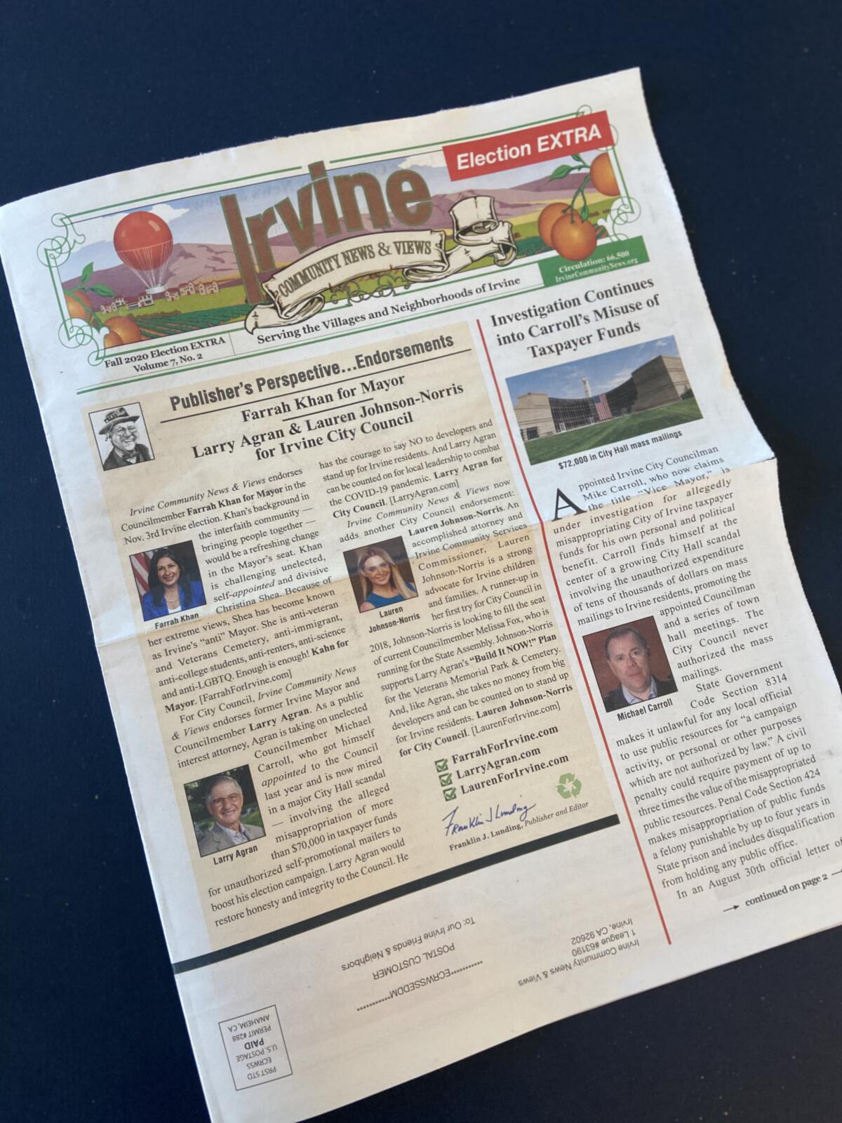 A recent print edition of Irvine Community News and Views.