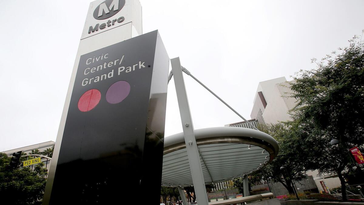 The entrance to the Red Line station in Grand Park.