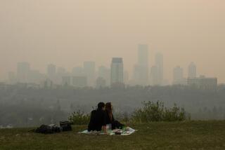 El humo de incendios forestales envuelve la ciudad mientras una pareja toma un picnic en Edmonton, Alberta, el sábado 11 de mayo de 2024. (Jason Franson/The Canadian Press via AP)