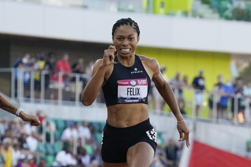 Allyson Felix finishes in second place in the women's 400-meter run at the U.S. Olympic Track and Field.