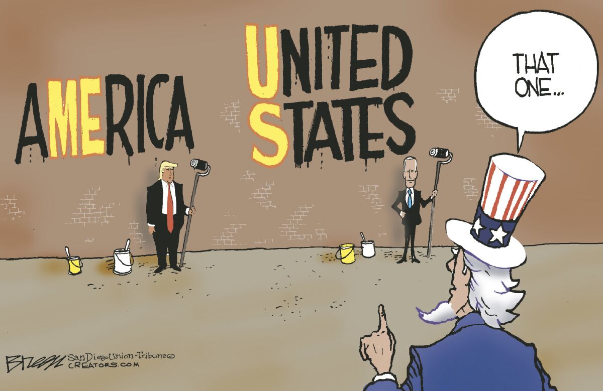 Trump puts the "Me" in American while Biden puts the"Us" in United States in this Breen cartoon