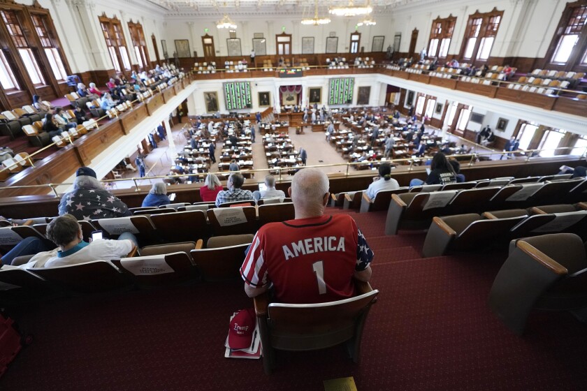 Gerald Welty sits the House Chamber at the Texas Capitol as he waits to hear debate on voter legislation in Austin, Texas, Thursday, May 6, 2021. (AP Photo/Eric Gay)