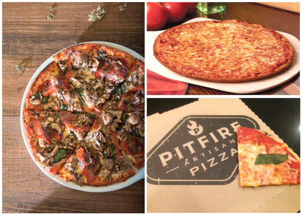 Gluten-free pizzas from California Pizza Kitchen, far left, Fresh Brothers, top left, and Pitfire.