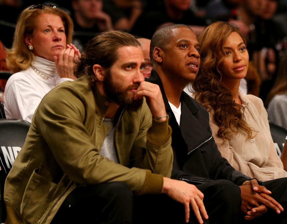 Jake Gyllenhaal, Jay Z and Beyonce at the Barclays Center on Saturday night.