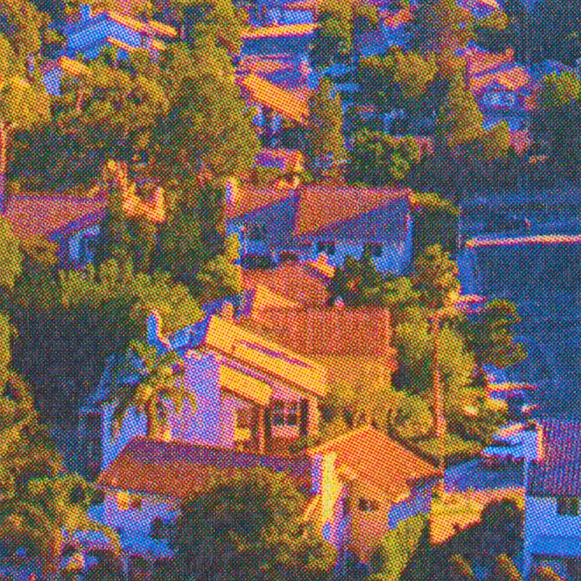 A pixelated view of suburban homes nestled within trees.