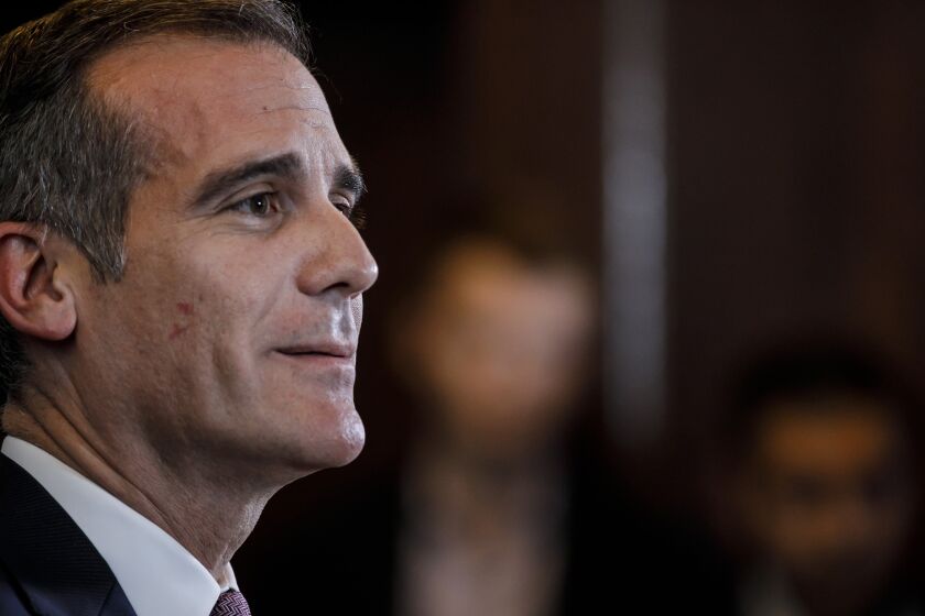 LOS ANGELES, CALIF. -- TUESDAY, JANUARY 29, 2019: L.A. Mayor Eric Garcetti announces that he will not run for President, at City Hall, in Los Angeles, Calif., on Jan. 29, 2019. (Marcus Yam / Los Angeles Times)