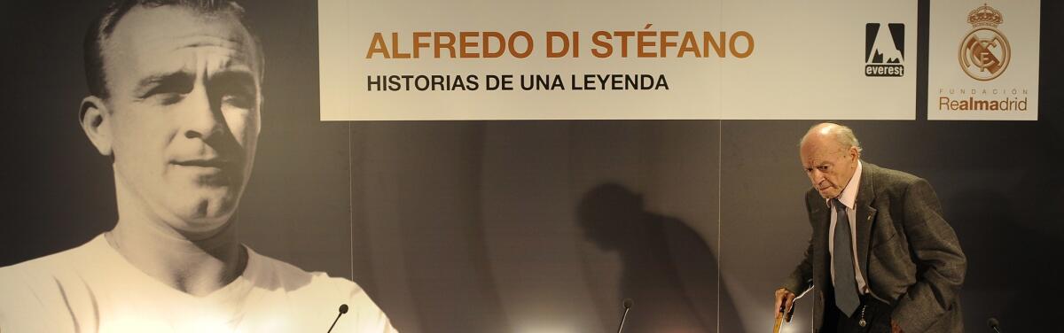 A file picture shows Alfredo Di Stefano arriving at a news conference during the presentation of a book about his life.