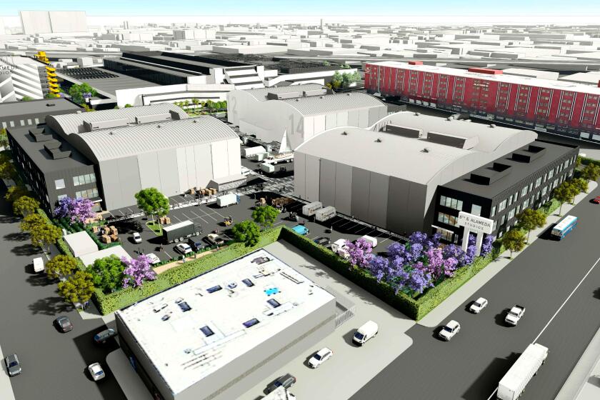 Rending of the proposed redevelopment of The Los Angeles Time printing plant in downtown Los Angeles that would convert the 26-acre property into a movie and television studio with 17 sound stages and support facilities.