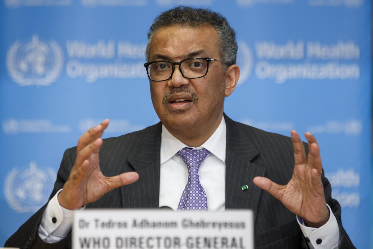 WHO chief Tedros Adhanom Ghebreyesus speaks at a March news conference.