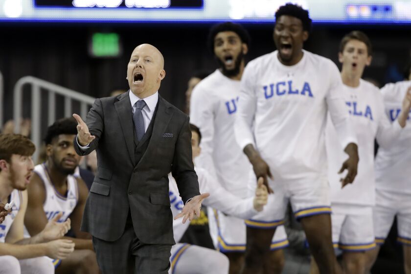 UCLA coach Mick Cronin argues call during the second half of the team's NCAA college basketball game against Washington State on Thursday, Feb. 13, 2020, in Los Angeles. (AP Photo/Marcio Jose Sanchez)