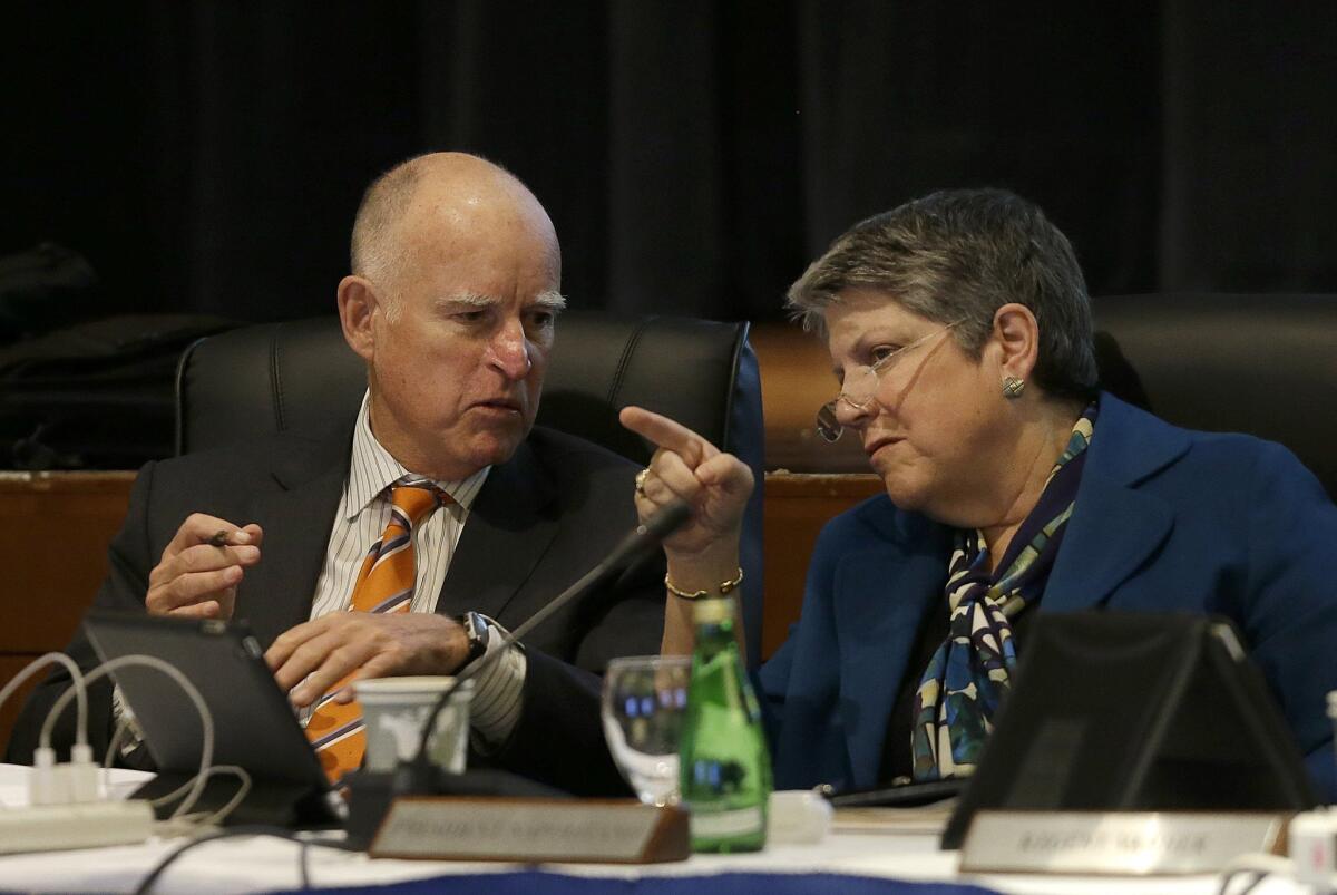 Gov. Jerry Brown and Napolitano at a UC Board of Regents meeting in March.