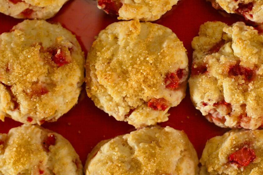 Diced strawberries melt into the batter. Recipe: Strawberry biscuits