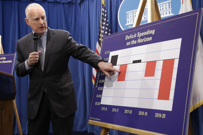 California Gov. Jerry Brown gestures to a chart showing that budget deficits usually follow balanced state budgets as he discusses his 2017-2018 spending plan at a news conference Tuesday, Jan. 10, 2017, in Sacramento, Calif. (AP Photo/Rich Pedroncelli)