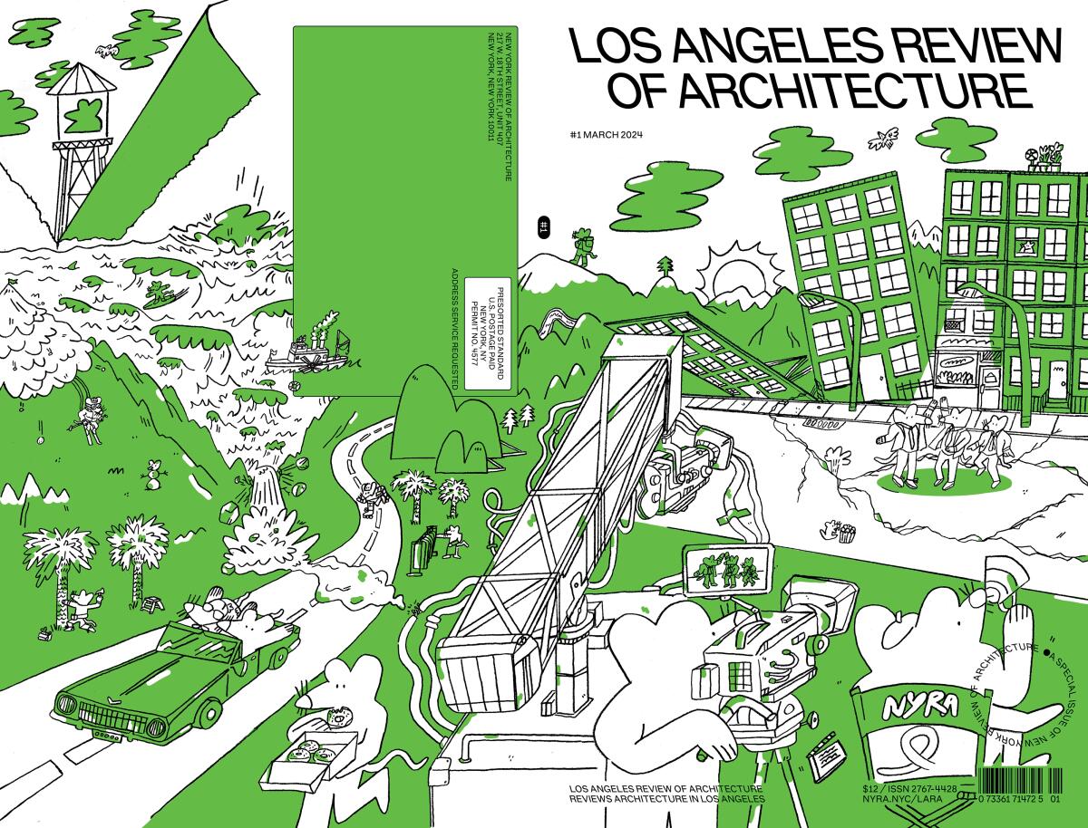 A magazine cover features a green and white cartoon showing scenes from L.A., including a movie set and an earthquake.