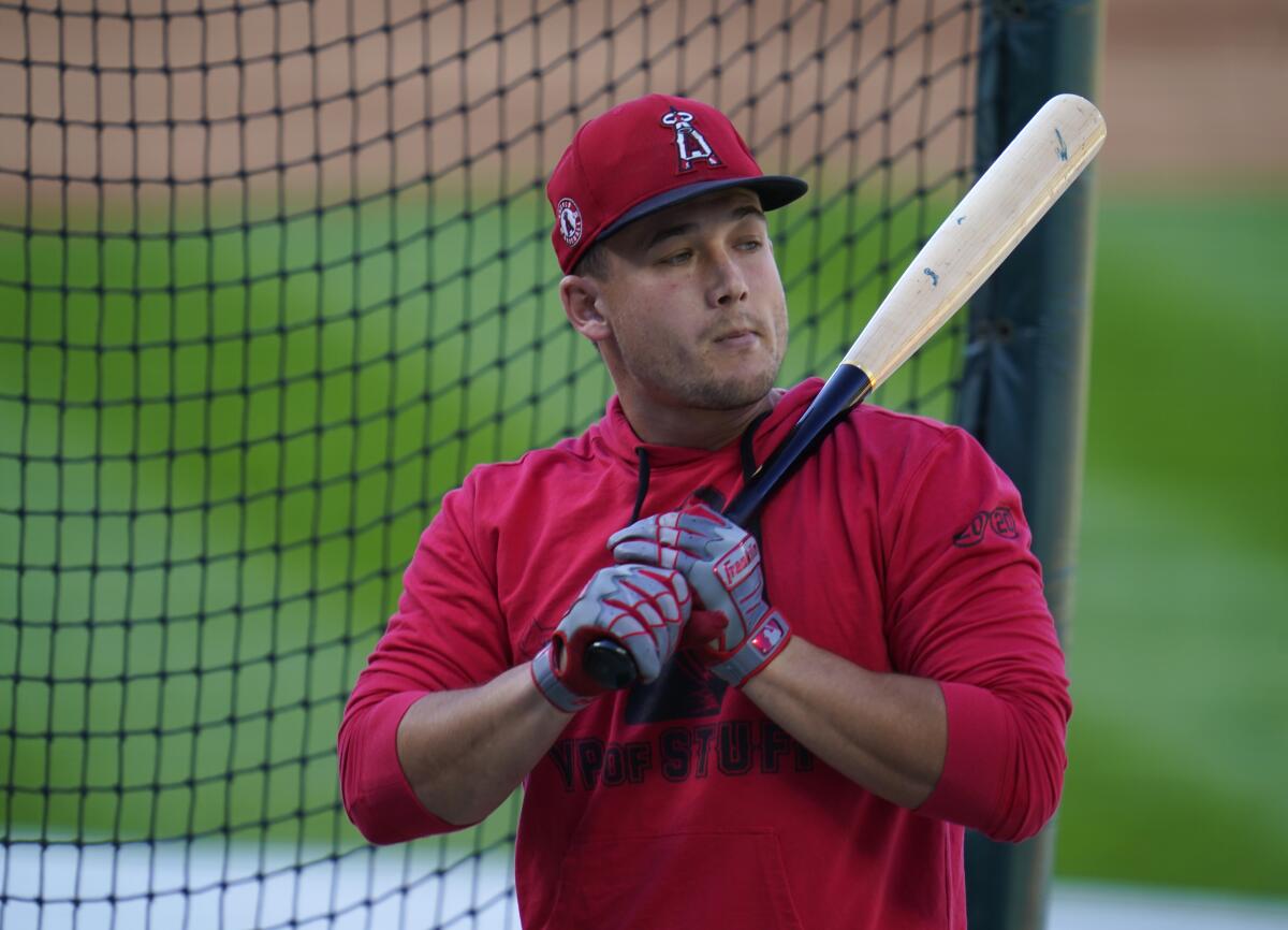 Los Angeles Angels third baseman Matt Thaiss warms up before a baseball game.