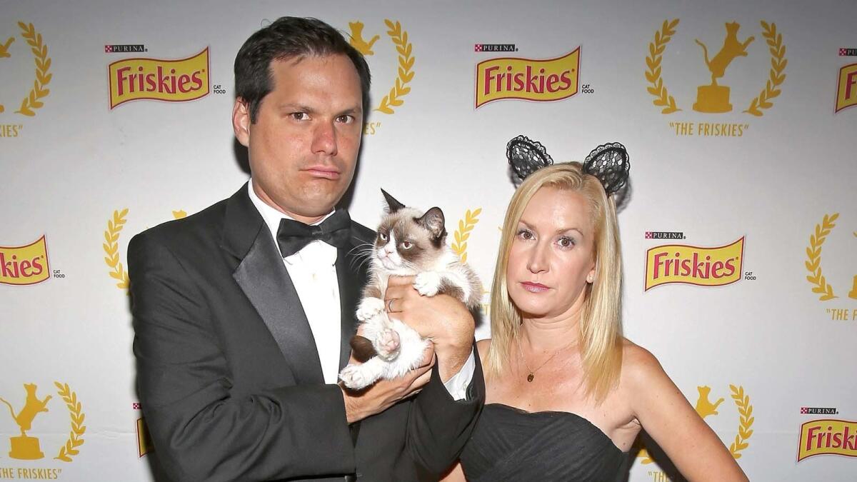 Actors Michael Ian Black and Angela Kinsey pose with Grumpy Cat at the Friskies awards show in New York in 2013.