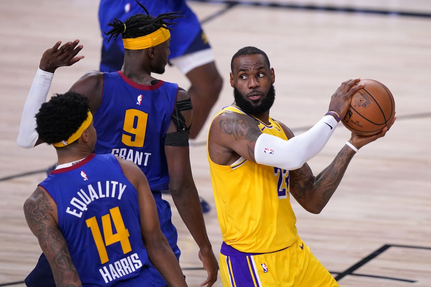 Lakers forward LeBron James looks to make a pass during Game 1.