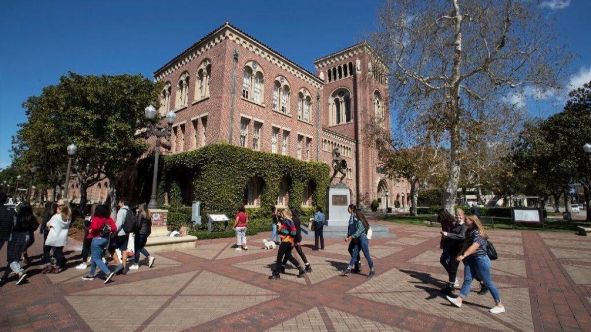 Students walk between classes at the USC campus.