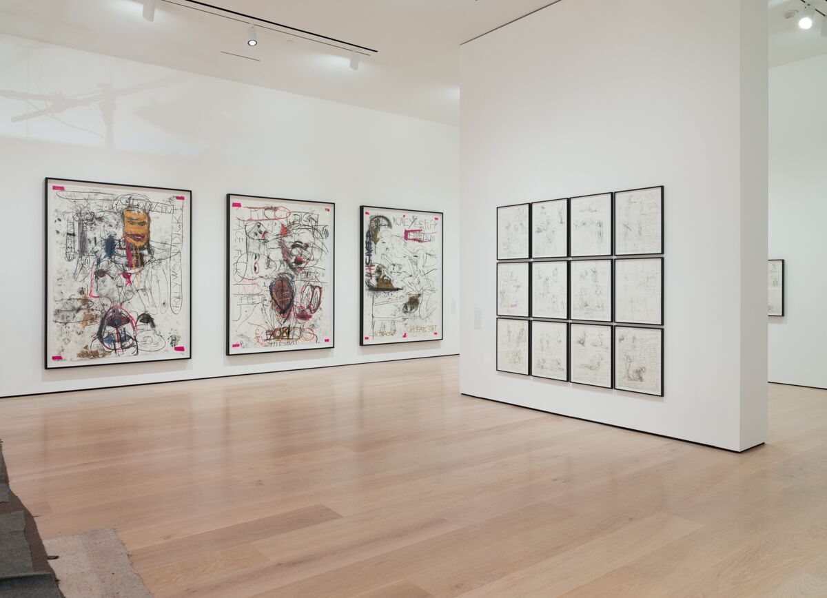 An installation view of Paul McCarthy's large "NV Night Vater" drawings at the Hammer Museum
